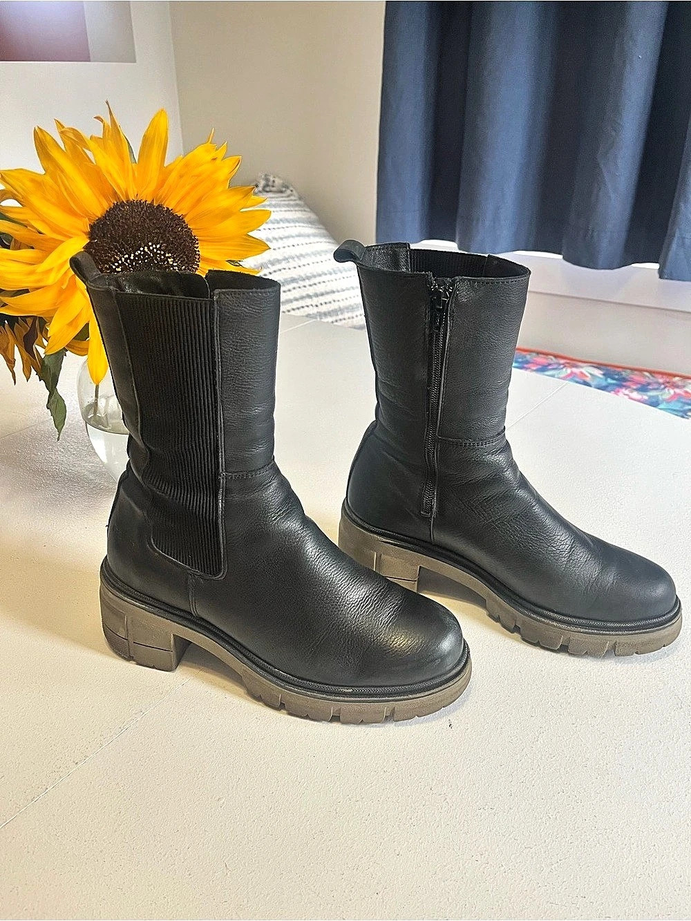 Black Leather Mid-Calf Lug Heel Boots